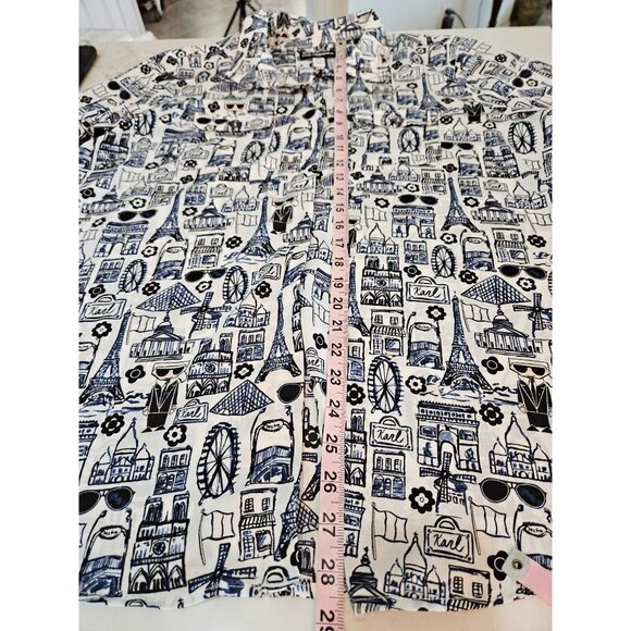 Karl Lagerfeld Shirt XL Parisian Cityscape Button-Front Long Roll Sleeve Blue - Picture 12 of 13